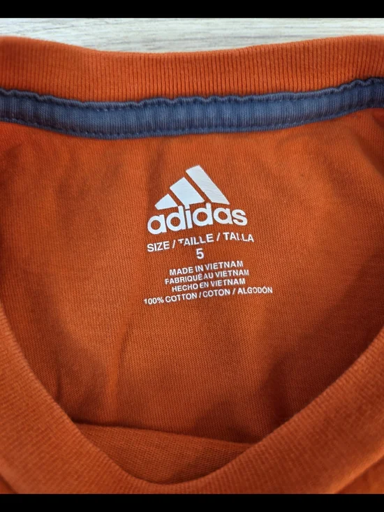 Boys 5 Adidas Orange Long Sleeve Tee with Navy & White Logo