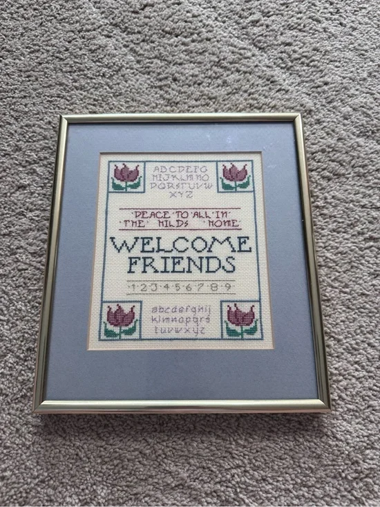 Vintage Framed Welcome Friends Cross Stitch Wall Art Sampler The Hilds Home