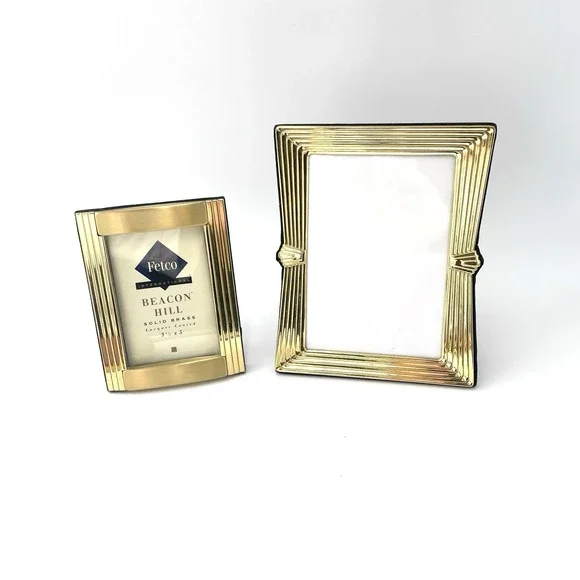 2 Solid Brass Picture Frames Tabletop Stepped Ribbed Art Deco Inspired