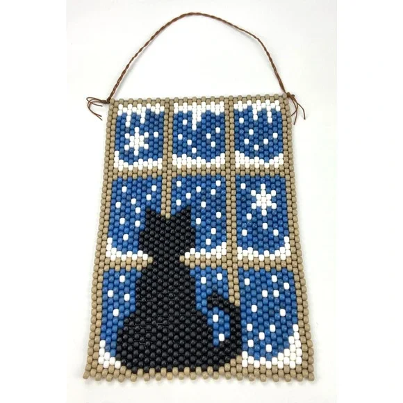 The Beadery Beaded Banner Kit Completed Cat in Snowy Winter Window Wall Hanging