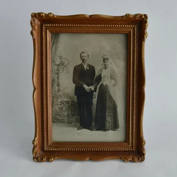 Vintage Bride & Groom Wedding Photo in 1970s Ornate Frame