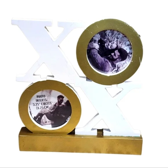 TMD RETAIL Gold & White XO Double Picture Frame Modern Home Accent NEW