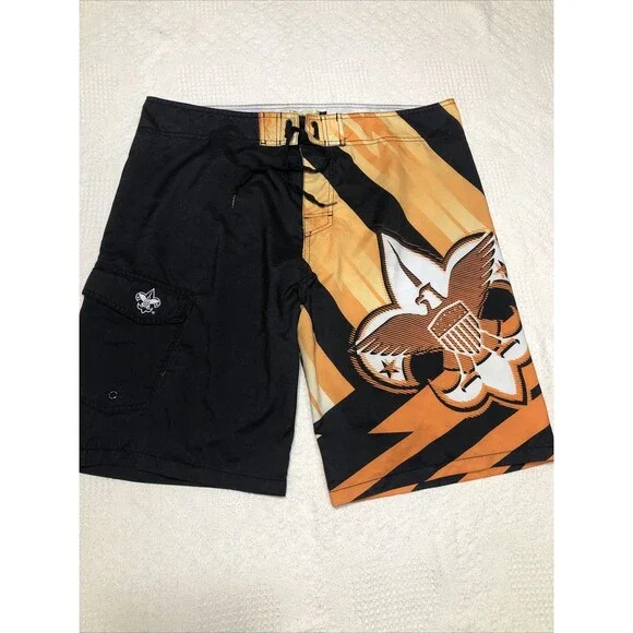 Boy Scouts Of America Board Shorts Mens Sz L Black Orange Swim Trunks Unlined