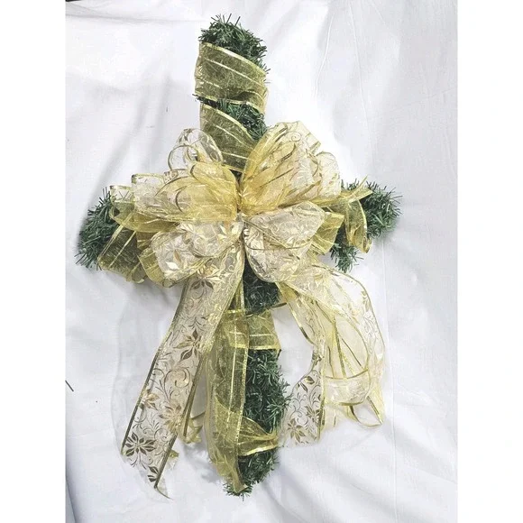 Gold Ribbon Bow Cross Wreath Christmas Grave Cemetery Funeral