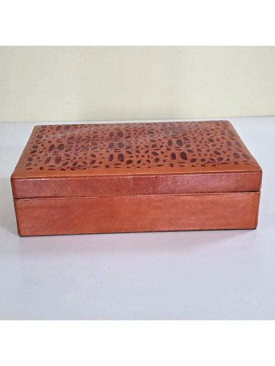 Jewelry Box Orange Pleather Texture Lid Black Velvet Inner Removable Tray Mirror