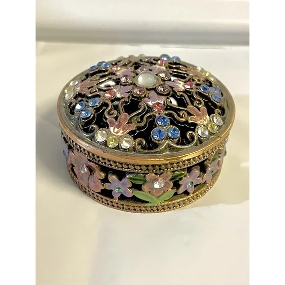Trinket‎ Box Multicolor Gemstones Enamel Flowers Jewelry Keepsake Metal
