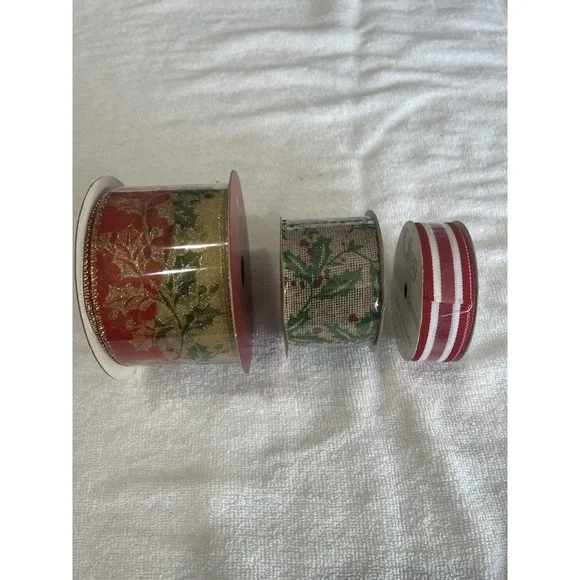 Lot Of 3 Christmas Holiday Craft Ribbon Bows Holly Burlap Grograin