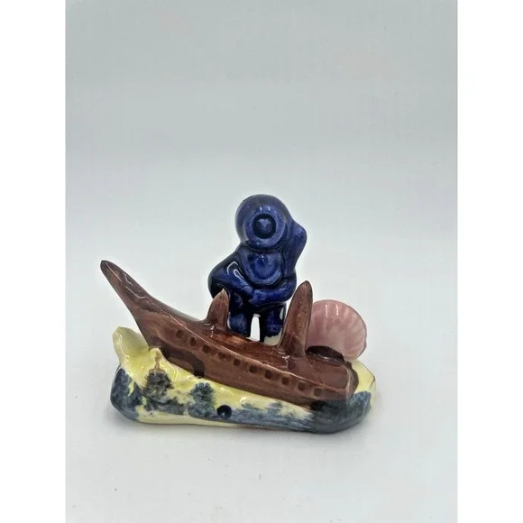 Vtg Japanese Ceramic Diver With Sunken Ship Aquarium Fishbowl Bubbler 3x5