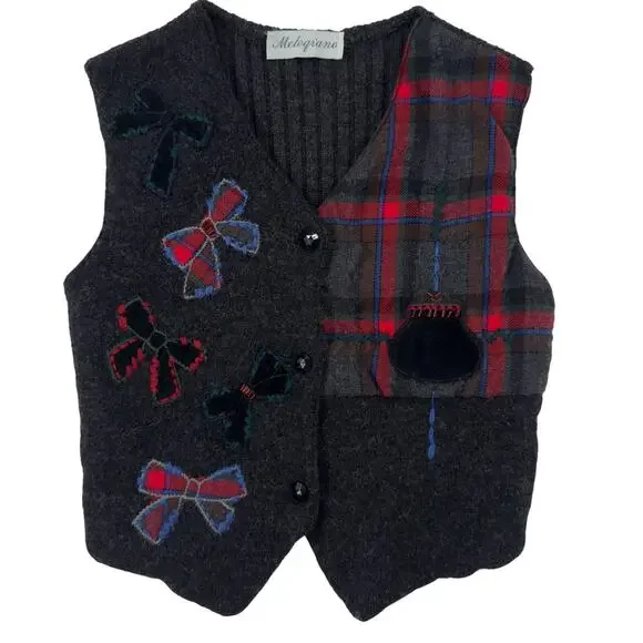 Vintage Wool Kids Vest Holiday Bows Christmas Thanksgiving Formal Plaid‎ Size 6