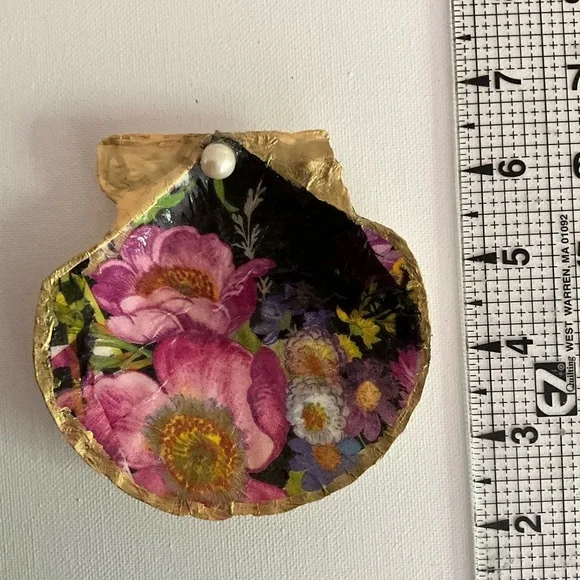 Scalloped clam shell decoupaged and hand painted with gold leaf Jewelry Dish