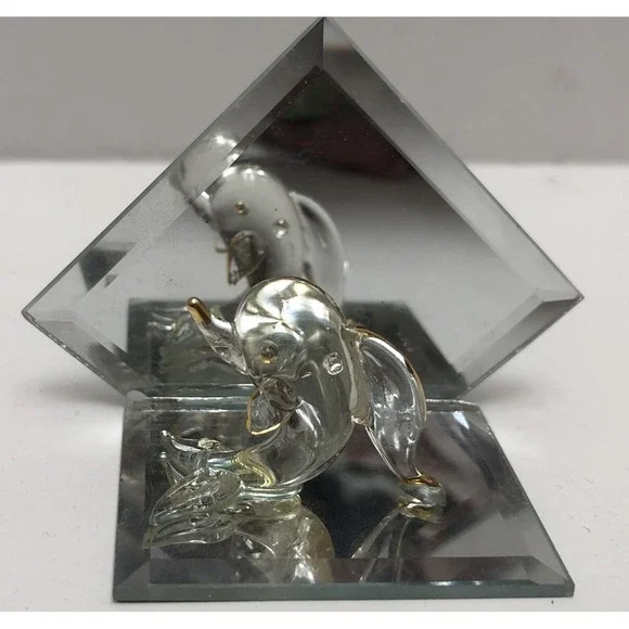 Glass Animal With Mirror Dolphin Mini Figure‎ Clear/Gold 1.5x3