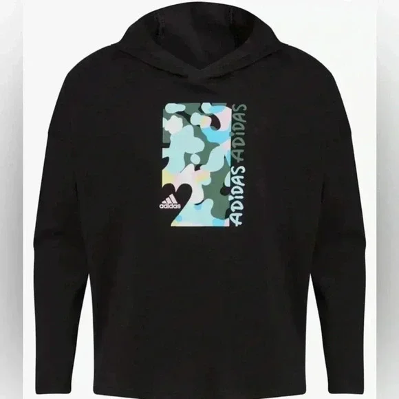 ADIDAS Girls' Long Sleeve Hooded Graphic Tee, Black with Camo Print, Large or Md