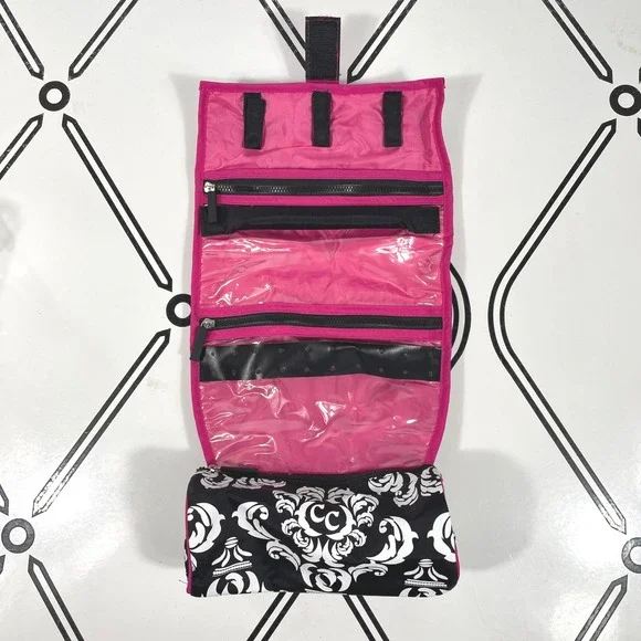 Jewelry Travel Organizer Roll‎ Up Bag On a Roll Damask Pink
