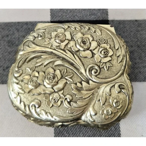 Silver Tone Hinged Trinket Jewelry Box Red Felt Lined Rose Pattern Made in Japan