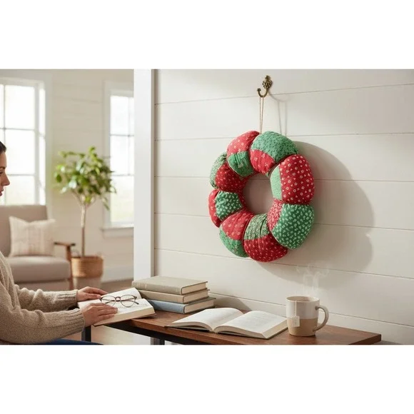 Vintage Quilted Patchwork Puff Wreath Red Green Floral Calico Christmas 15