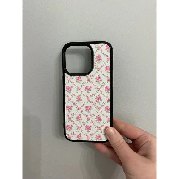iPhone 14 Pro Case Unisex OS Pink White Floral Rose Pattern Black Bumper Grip