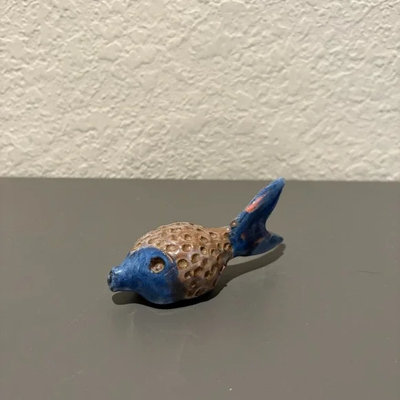 Vtg Barbados Ceramic Puffer Fish Figurine Blue Brown Textured Folk Art