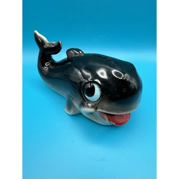 Vintage‎ Whale Ceramic Bank Figurine Piggy Coin Bank Anthropomorphic Happy Gray