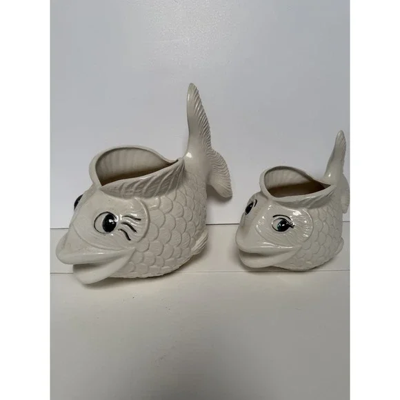 Vintage Ceramic White Fish‎ Planter Pair Graduated Sizes MCM Koi Anthropomorphic