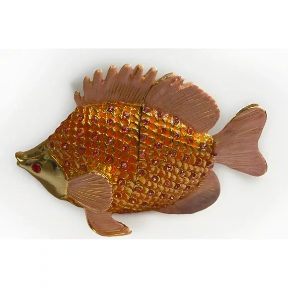 Pesci Austrian Crystal Jeweled Enameled Angel Fish Trinket Box Pink Gold‎ Orange