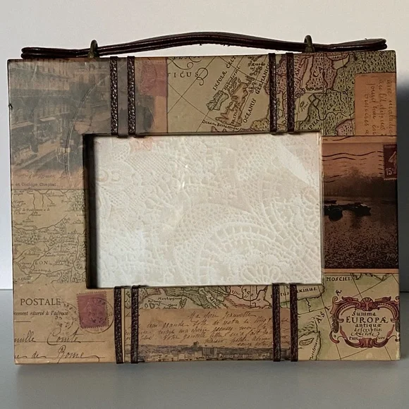 Suitcase Frame Old World Map Mud Pie 4 X 6” Photo Leather Handle Vintage Look