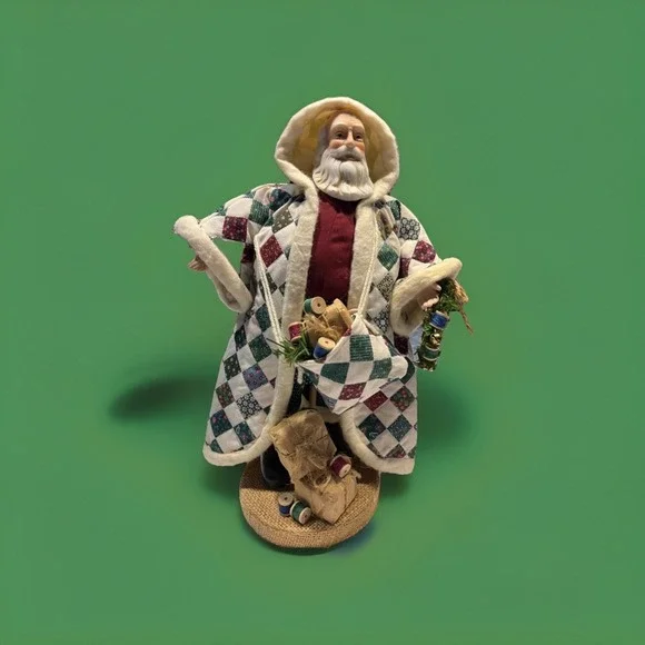 Santa vintage Quilt Jacket with wreath and sack filled with packages and thread