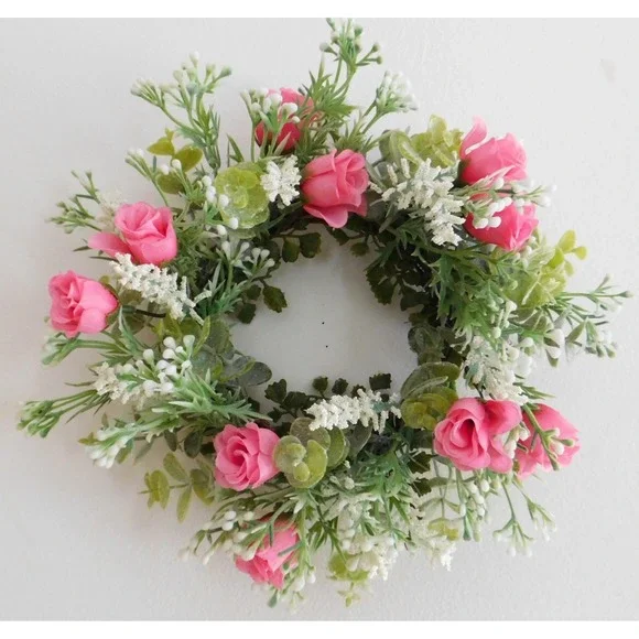 Dusty Miller Mini Wreath Eucalyptus Pink Roses‎ Candle Ring