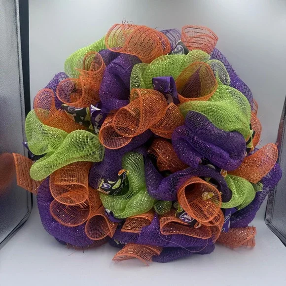 Handmade Halloween Deco Mesh Wreath Purple Orange Green Boo Ghost Pumpkin 21