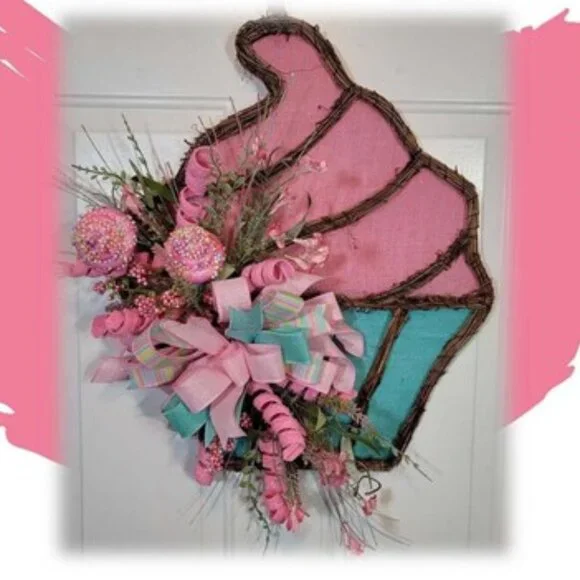 Cupcake Wreath, Pink Blue Birthday Cupcake Front Door Wreath, Hand Crafted