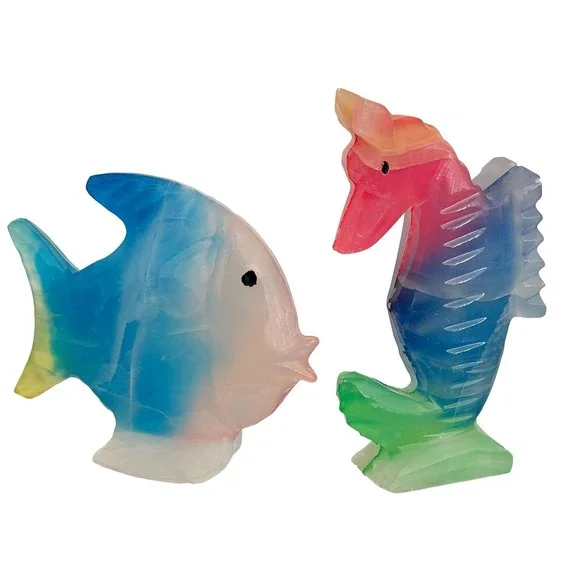 Seahorse & Fish Stone Marble Colorful Carved Stone Ocean Nautical Tropical Set