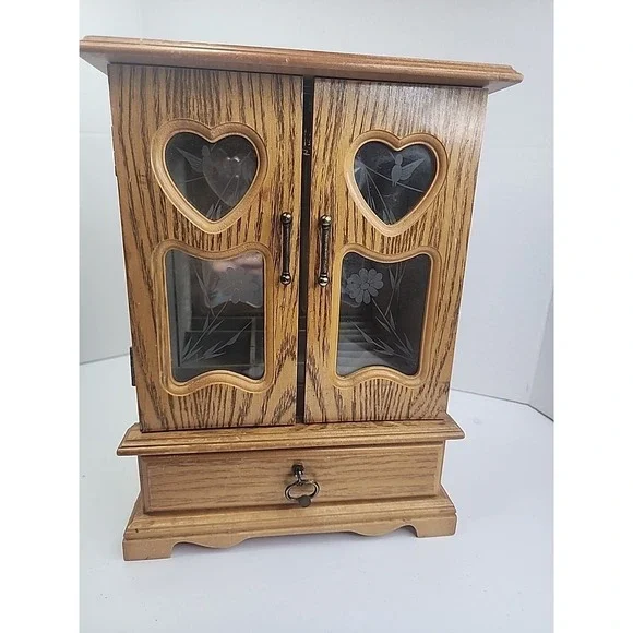 Vintage Wooden Musical Jewelry Box Armoire Heart Drawers Etched Glass