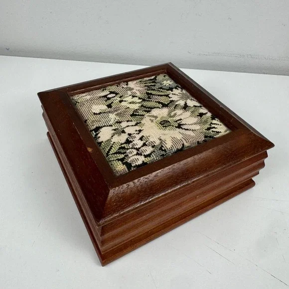 Vtg Wooden Jewelry Floral Needlepoint Rose Velvet Lining Trinket grandmillenial