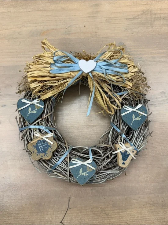 Vintage Decorative Blue and Natural Heart Wreath - Home Holiday