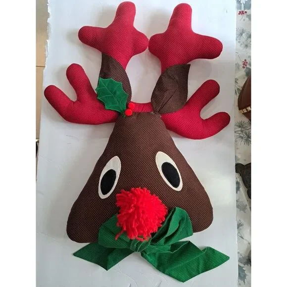 Vintage Sew Fabric Felt Reindeer Deer Head Christmas Wreath RARE Stuffed Rudolph