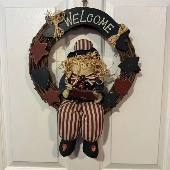 4th of July Patriotic‎ Wreath for Front Door Red White Blue Vintage hanging