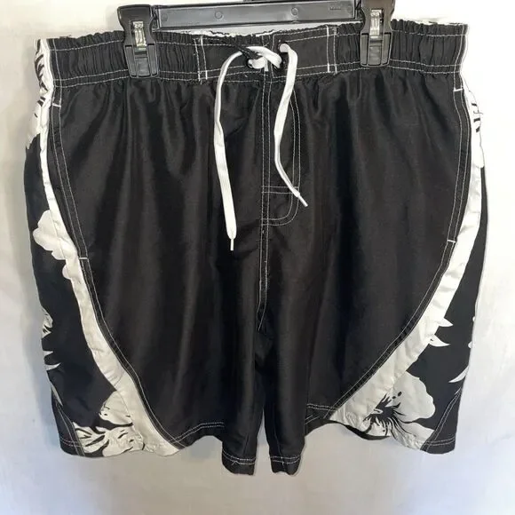 R S Surf Swim Trunks Men’s Size Large Black White Drawstring Inseam 9 Rise 12
