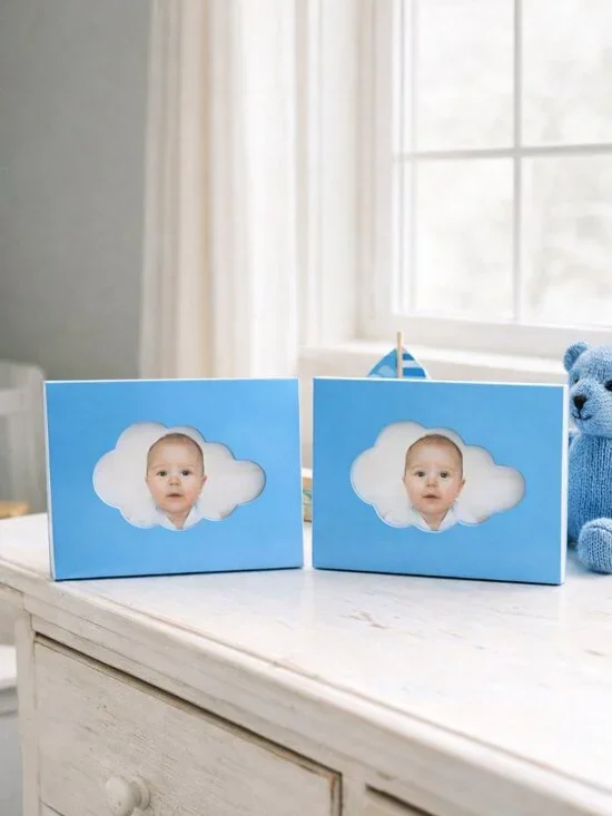 Set of 2 Blue Cloud Nursery Photo Frames 6x4 Glossy Baby Decor