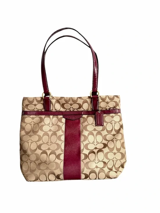Coach F28504 Signature Stripe Tote Bag Khaki Burgundy Canvas Leather