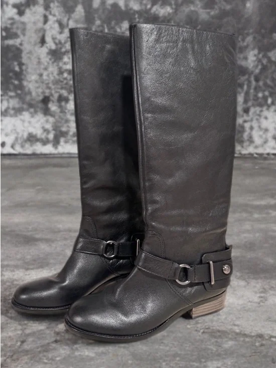 Coach Natale Black Leather Knee-High Equestrian Riding Boots Buckle Strap 7.5