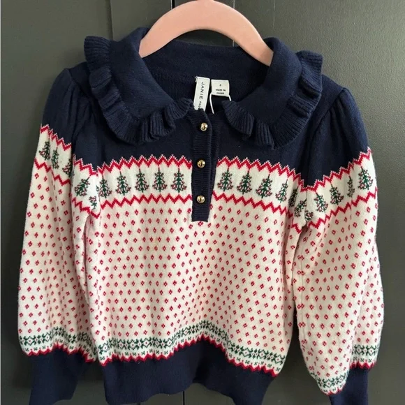 Janie and Jack | Navy Ruffle Collar Sweater w/ Gold Buttons & Puff Sleeve | 4