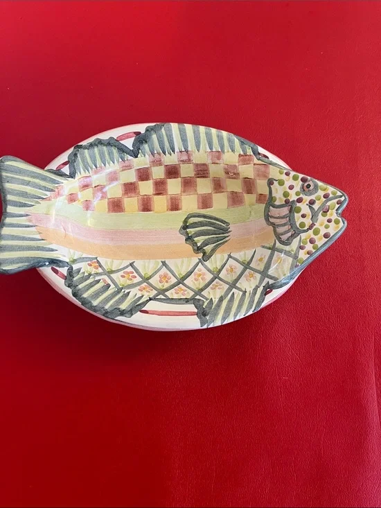Vintage 1983 MacKenzie-Childs Hand-Painted Fish Platter in Pastel Stripes