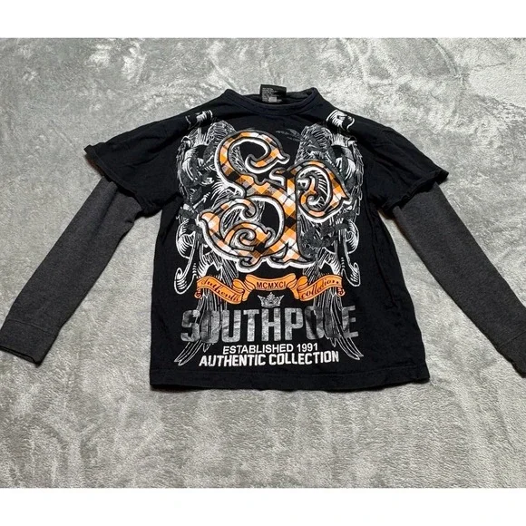 Vintage Southpole Youth S Long Sleeve Shirt Distressed Y2K Red Black Skater