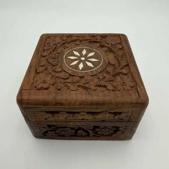 Vintage Wooden Trinket Box Jewelry Hinge Made in India Small Decor 4x4x2.5in