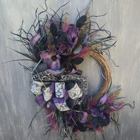 Handmade Purple and Black Wreath elegant Gothic-style Halloween wreath
