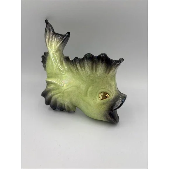 Vintage Ceramic Fish Wall Pocket Planter Green Pink Brown Mid Century