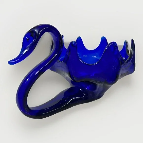 Vintage Cobalt Blue Blown Glass Swan Candy Dish MCM Decorative