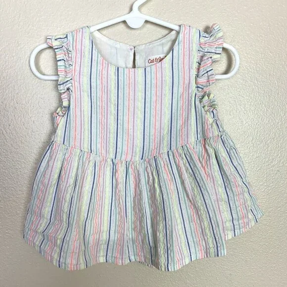 Cat & Jack Neon Stripe Seersucker Ruffle Sleeveless Top White Girls 18 Months
