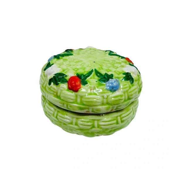 Vintage Basket Weave Jewelry Trinket Box Glazed Ceramic Jar Flowers Green
