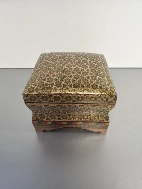 Vintage Persian Khatamkari Inlaid Wood Footed Jewelry Box 4x4