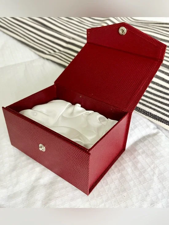 New Red Pebbled Leather Jewelry Box with White Satin Lining, 5